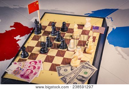 Usa And China Playing Chess. Tade War Concept. Tade War Caused By The 2018 Us Tariffs On Steel And A