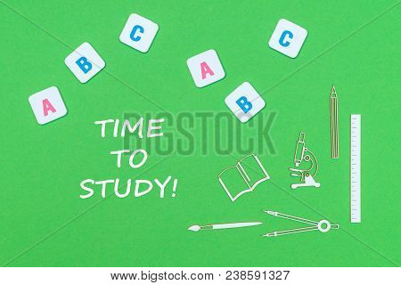 Concept School, Text Time To Study, School Supplies Wooden Minitures, Abc Letters On Green Backboard