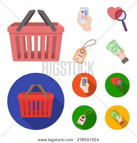 Hand, Mobile Phone, Online Store And Other Equipment. E Commerce Set Collection Icons In Cartoon, Fl