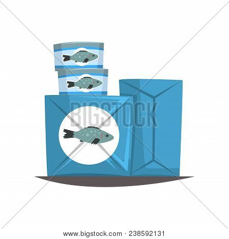 Canned Fish, Seafood Production, Fish Industry Canned Process Vector Illustration Isolated On A Whit