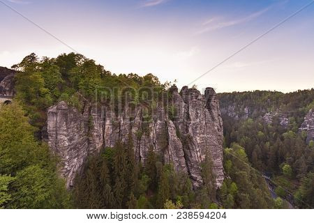 Bastei Rocks In Swiss Saxony, Around The Ruins Of Neurathen Castle. Germany In Summer