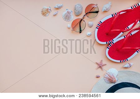 Summer Fashion Flatlay With Gradient Round Sunglasses, Straw Hat And Red Flats. Decorated With Sea S