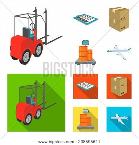 Forklift, Delivery Slips, Packaged Goods, Cargo On Weighing Scales. Logistics And Delivery Set Colle