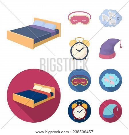 A Bed, A Blindfold, Counting Rams, An Alarm Clock. Rest And Sleep Set Collection Icons In Cartoon, F
