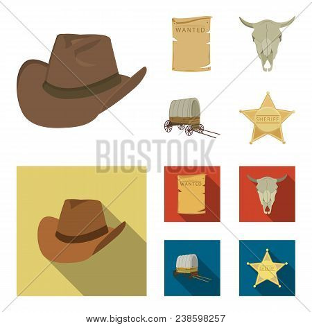Cowboy Hat, Is Searched, Cart, Bull's Skull. Wild West Set Collection Icons In Cartoon,flat Style Ve