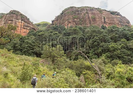 Royal Natal National Park, South Africa - March 15, 2018: Unidentified Hikers On The Tugela Gorge Hi