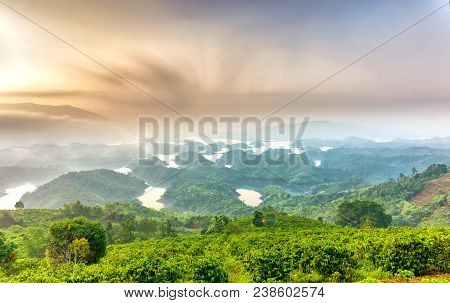 Ta Dung Lake In The Morning When The Sun Rises At The Top Of  Mountain Shines Fog Into Lake Full Of 