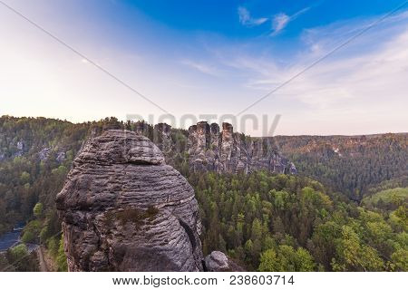 Bastei Rocks In Swiss Saxony, Around The Ruins Of Neurathen Castle. Germany In Summer