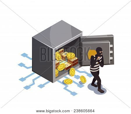 Data Encryption Cyber Security Isometric Composition With Electronic Safe Box Burglary And Human Cha