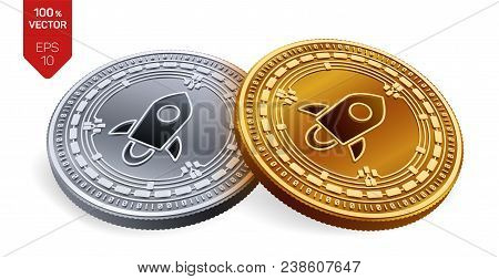 Stellar. Crypto Currency. 3d Isometric Physical Coins. Digital Currency. Golden And Silver Coins Wit