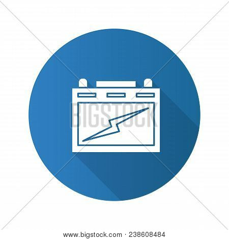 Automotive Battery Flat Design Long Shadow Glyph Icon. Lead Acid Battery. Vector Silhouette Illustra