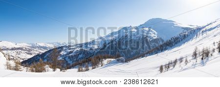 Panoramic View Of Sestriere Ski Resort From Above, Famous Travel Destinatio In The Alps, Piedmont, I