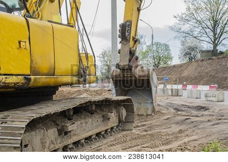 Excavator In The Sandbox During Excavation Works Belarus