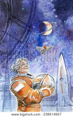 Grandmother In The Space, With A Rocket And A Little Bird. An Another Planet On A Background