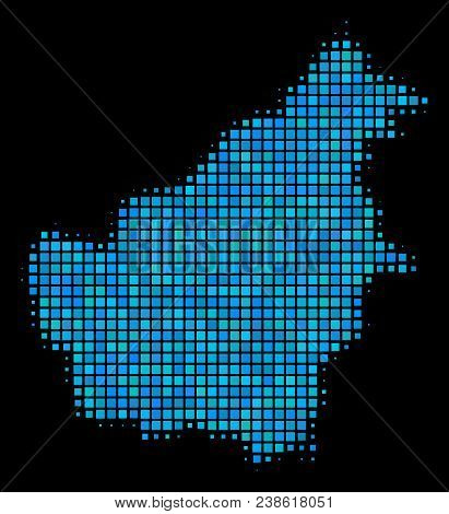 Halftone Dotted Borneo Island Map. Vector Geographic Map In Blue Color Hues On A Black Background. V