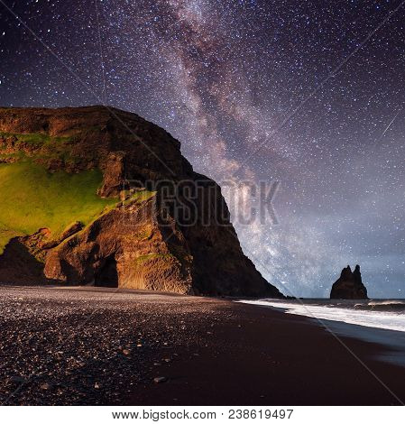 Famous Reynisdrangar Rock Formations At Black Reynisfjara Beach. Coast Of The Atlantic Ocean Near Vi