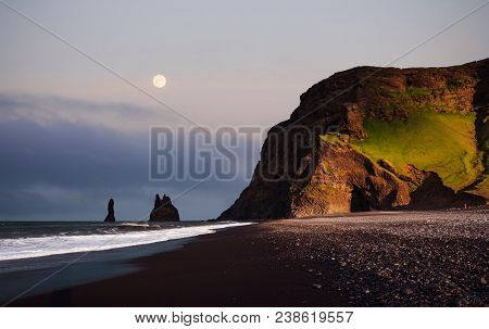 Famous Reynisdrangar Rock Formations At Black Reynisfjara Beach. Coast Of The Atlantic Ocean Near Vi