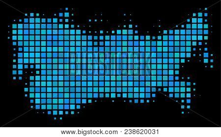 Halftone Dot Ussr Map. Vector Geographic Map In Blue Color Hues On A Black Background. Vector Concep