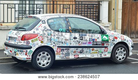 Le Mans, France - April 25, 2017: Car Stickers Cover A White Car