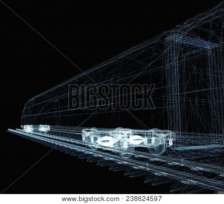 Abstract Polygonal High-speed Passenger Train. Traveling Concept. 3d Illustration On Black Backgroun