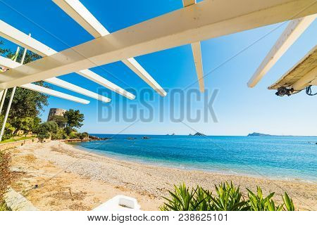 Wooden Arbor By The Sea In Santa Maria Navarrese. Sardinia, Italy