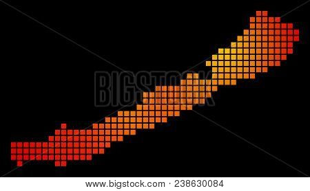 Pixel Fire Balaton Lake Map. Vector Geographical Map In Fire Color Shades On A Black Background. Vec