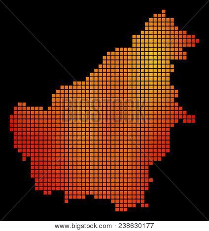 Pixel Fire Borneo Island Map. Vector Geographical Map In Fire Color Tones On A Black Background. Vec