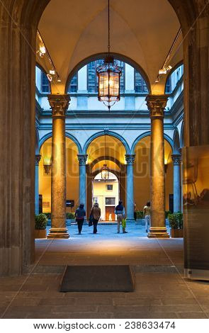Florence, Italy - October 13, 2009:  Night View Of The Courtyard Of Strozzi Palace