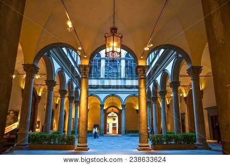 Florence, Italy - October 13, 2009:  Night View Of The Courtyard Of Strozzi Palace