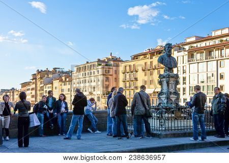 Florence, Italy - October 14, 2009: The Lungarno Houses  Seen From Ponte Vecchio With Tourists In Th