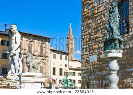 Italy,tuscany,florence, Della Signoria Square, The Nettuno And The Judith And Holofernes Statues