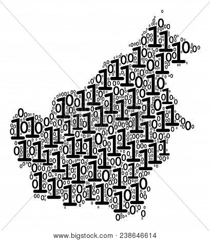 Borneo Island Map Composition Icon Of Binary Digits In Variable Sizes. Vector Digital Symbols Are Sc