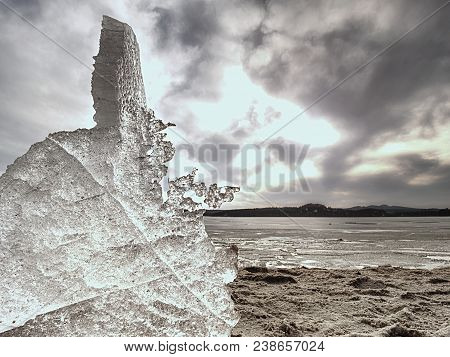 Climate Change. Icy Floes Mealtiing On Beach. Tourist Attraction Disappearing Glaciers. Ice On The B