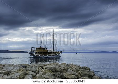 Brela, Dalmatia, Croatia - October 23: Picture Of Adriatic Sea With Floating Ship On October 23, 201
