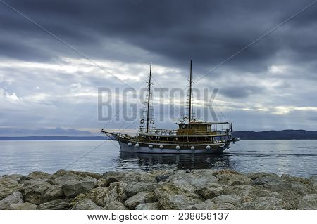 Brela, Dalmatia, Croatia - October 23: Picture Of Adriatic Sea With Floating Ship On October 23, 201