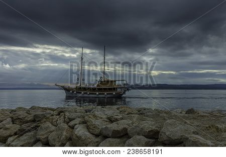 Brela, Dalmatia, Croatia - October 23: Picture Of Adriatic Sea With Floating Ship On October 23, 201