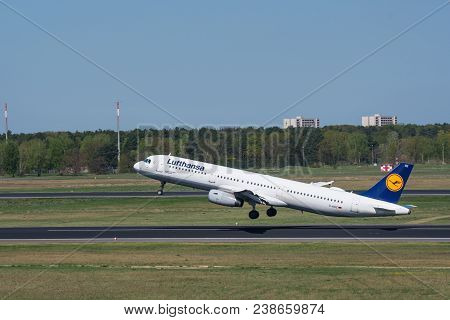 Berlin Germany - April 21. 2018: Lufthansa Airbus A321 Take Off At Berlin Tegel Airport