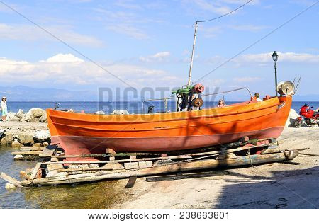 Antipaxos, Greece - October 01, 2017 : Fishing Boat In Antipaxos Harbour A Small Island South Of Cor