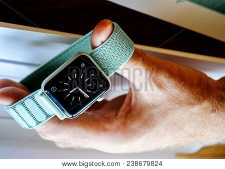 Paris, France - Apr 24, 2018: New Apple Watch Series 3 Smartwatch Personal Wearable Device In Male H