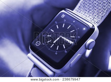 Paris, France - Apr 24, 2018: New Apple Watch Series 3 Smartwatch Personal Wearable Device In Male H
