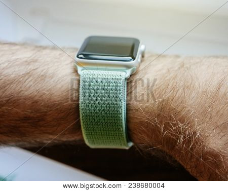 Paris, France - Apr 24, 2018: Pov New Apple Watch Series 3 Smartwatch Personal Wearable Device On Ma