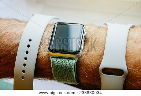 Paris, France - Apr 24, 2018: New Apple Watch Series 3 Smartwatch Personal Wearable Device On Male H