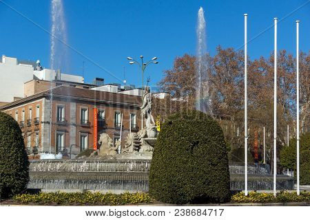 Madrid, Spain - January 22, 2018: Neptuno Fountain And Thyssen Bornemisza Museum In City Of Madrid, 