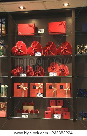 Amsterdam Schiphol Airport, The Netherlands - April 14th 2018: Leonidas Chocolate Store At Schiphol 