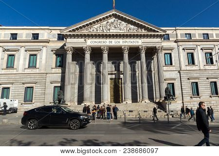 Madrid, Spain - January 22, 2018: Building Of Congress Of Deputies (congreso De Los Diputados) In Ci