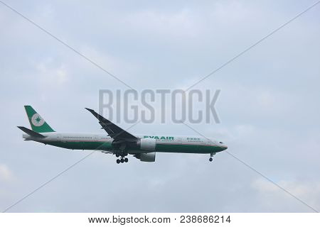 Amsterdam, The Netherlands - June 22nd 2017: B-16716 Eva Airways Boeing 777  Approaching Polderbaan 
