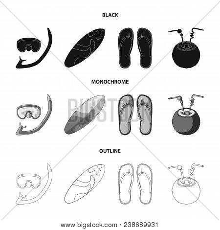 Diving, Surfing, Cocktail.summer Vacation Set Collection Icons In Black, Monochrome, Outline Style V