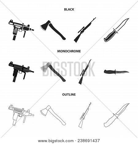 Ax, Automatic, Sniper Rifle, Combat Knife. Weapons Set Collection Icons In Black, Monochrome, Outlin