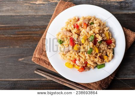 Fried Rice With Vegetables And Pork, Asiancuisine, Top View