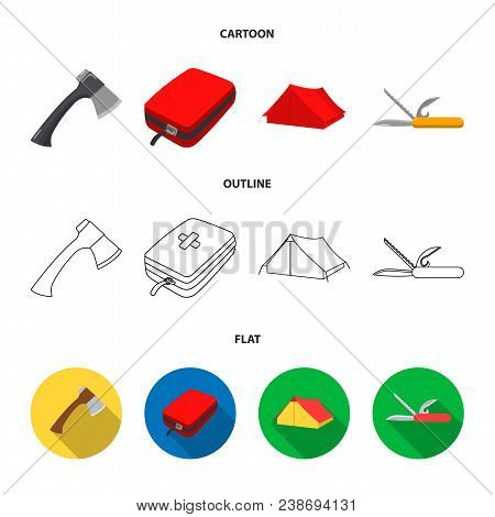 Ax, First-aid Kit, Tourist Tent, Folding Knife. Camping Set Collection Icons In Cartoon, Outline, Fl
